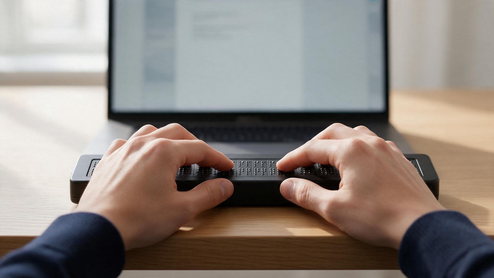 A person reading a refreshable braille display placed in front of a laptop