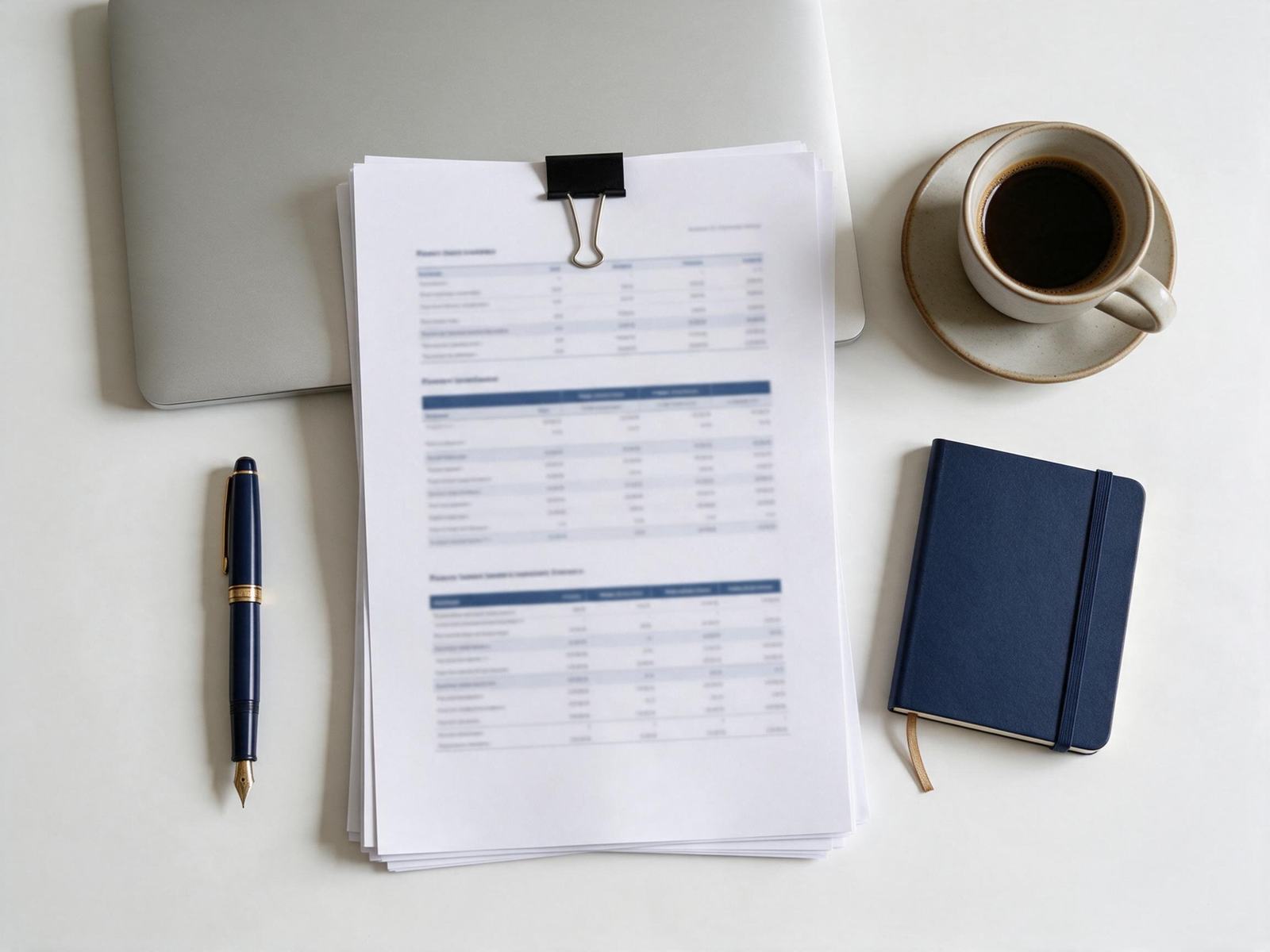 A printed audit report with tables, held with a binder clip, beside a pen, notebook and coffee