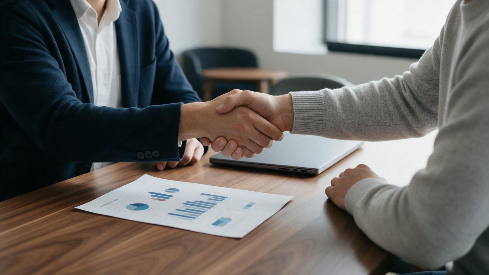 Two people shaking hands across a wooden meeting table with a printed report and a laptop