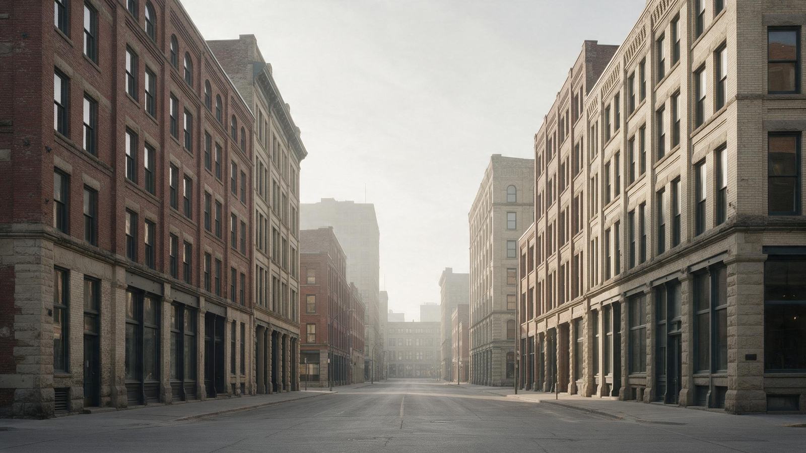 Historic brick and limestone warehouse buildings along a quiet city street in soft morning light